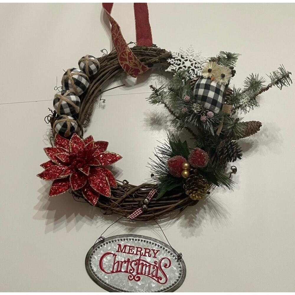 Handcrafted Wreath Grapevine Christmas Owl NWOT